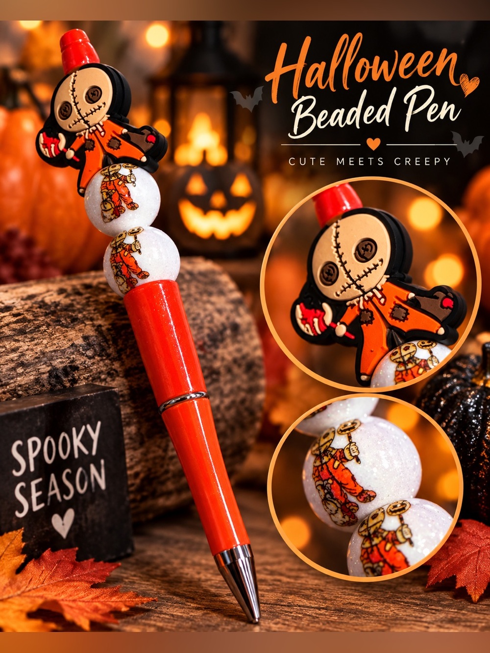 Rag doll Halloween Themed Beaded Pen - Orange Decorative Ballpoint